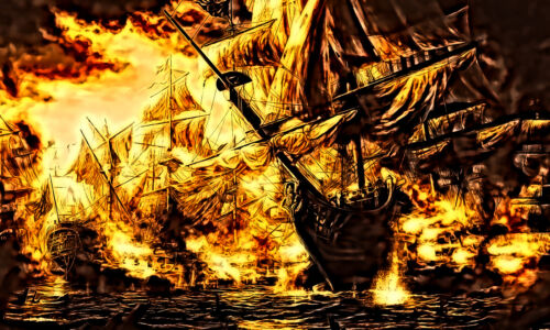 POSTER BILD BILDER XXL POP ART PIRATEN SCHLACHT SCHIFF MEER FEUER 150x90