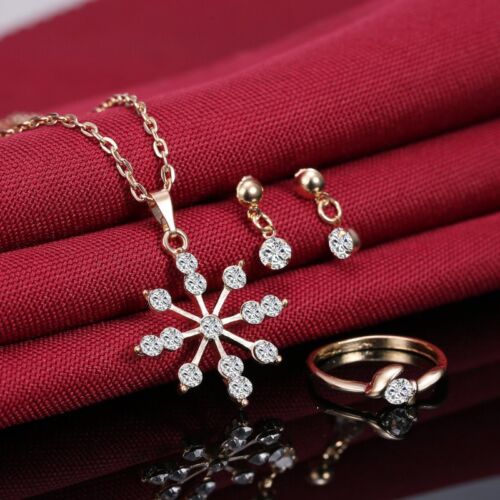 Women Silver/Gold Wedding Rhinestone Necklace Crystal Earrings Ring Jewelry Set 