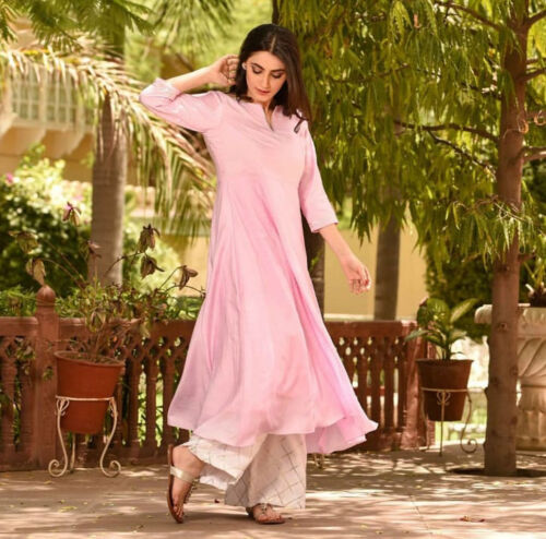 Readymade New Anarkali Suit Party Wear Stylish Pink Cotton Top Plazo Bottom Dres 