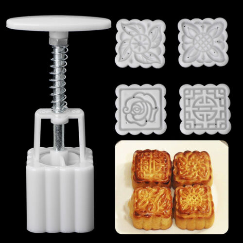 Set DIY Moon Cake Mooncake Mold Flowers Square 4 Stamps Pastry Mould Decoration