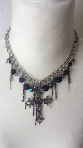 NEW Necklace Crucifix Cross Silvertone Chain Goth Boho Steampunk Halloween 
