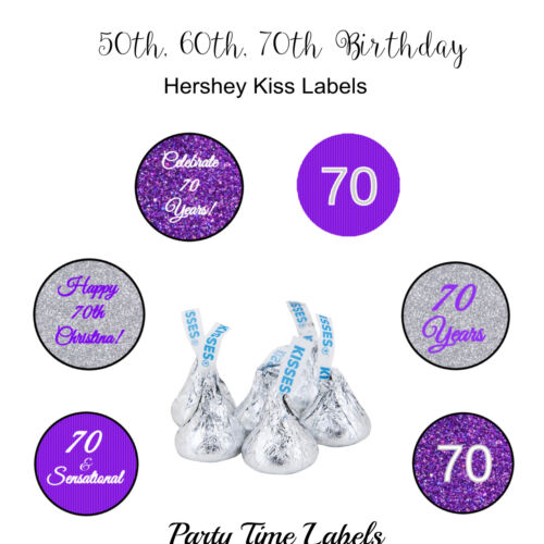 40 50 60 70 80 Milestone Birthday Party Favors Hershey Kiss Labels Purple Silver