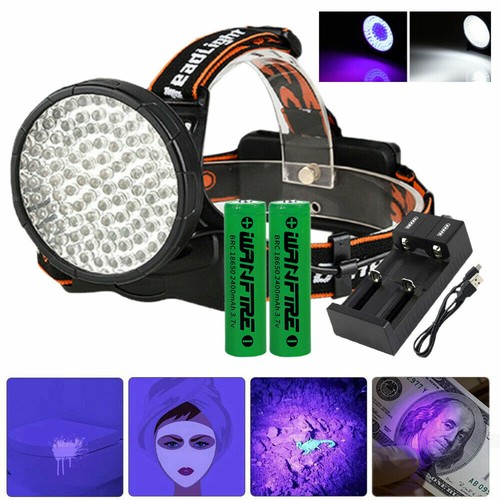 100LED UV 395nm Rechargeable White Headlamp Black light Night Camping Head Torch