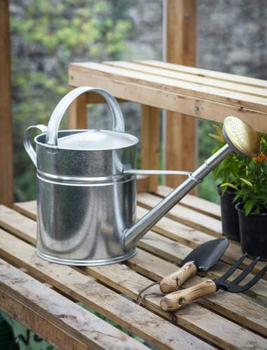 10 Litre Silver Galvanised Steel Metal Outdoor Garden Watering Can Brass Rose UK
