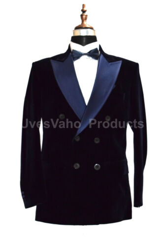 Men Navy Blue Velvet Jacket Blazers Designer Double Breasted Tuxedo Dinner Coat 