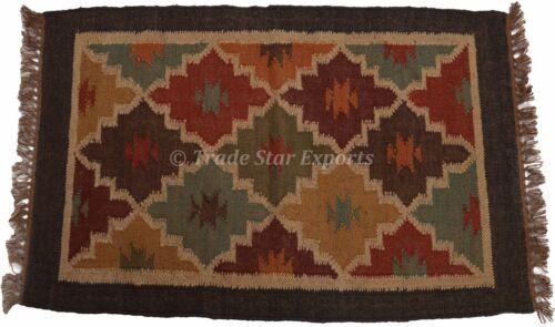 Indian Jute Kilim Rug 2X3 Ethnic Hand Loomed Carpet Rug Runner Area Throw Rugs