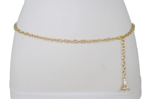 Women Gold Metal Chain France Eiffel Tower Charm Buckle Belt Hip Waist XS S M