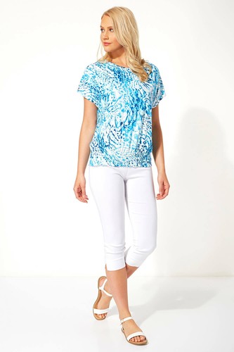 Ladies Women Roman Originals Animal Print Shirred Hem Short Sleeve Top