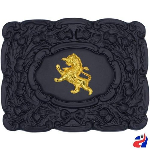Scottish Piper Kilt Belt Buckle Lion Rampant Golden Badge Black Finish