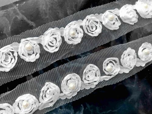 1 lfM Spitzenborte Perlenbesetzt Tüllspitze Band Bordüre Blumen Weiß 38mm 