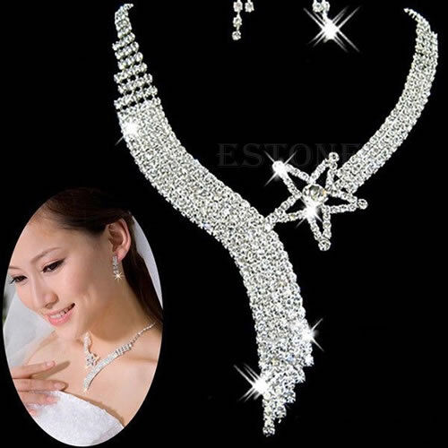 Pretty Prom Wedding Bridal Party Jewelry Crystal Rhinestone Necklace Earring Set
