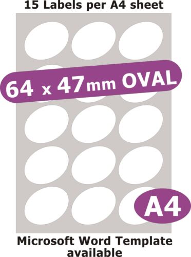 64x47mm Oval 75 Labels Matt White Paper 5 A4 Laser Copier Inkjet Stickers 
