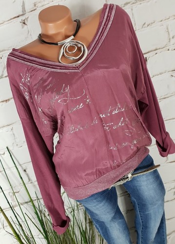 NEU ITALY TWO FACE V-NECK BLUSE SHIRT METALLIC PRINT LUREX BERRY 36-40