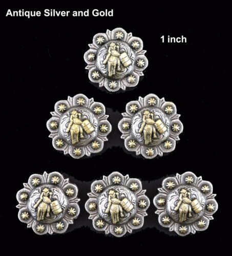 LOT OF 6 PC ANTIQUE SILVER & GOLD PICO BERRY RODEO BARREL RACER CONCHOS 4 SIZES 