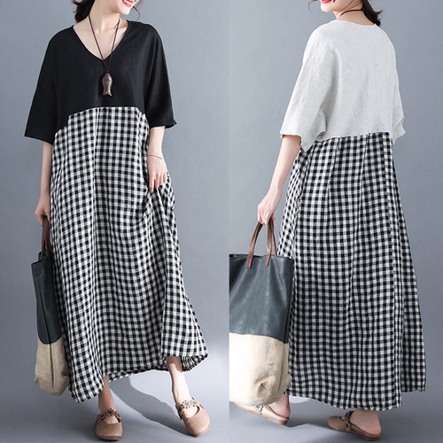 UK 8-24 Women Batwing Sleeve Check Splice V Neck Beach Club Long Maxi Dress Plus