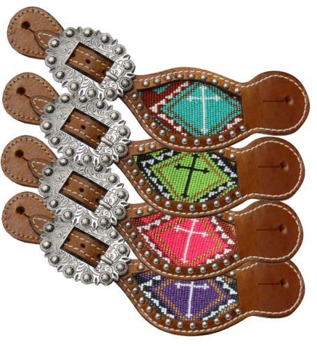 9.5/" Ladies Size SPUR STRAPS Showman BEADED CROSS Medium Leather Adjustable 8/"
