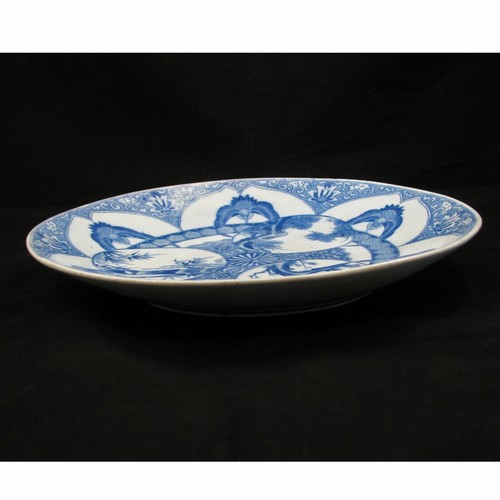 Large Igezara blue and white Japanese porcelain charger of three winter friends Large Igezara blue and white Japanese porcelain charger of three winter friends