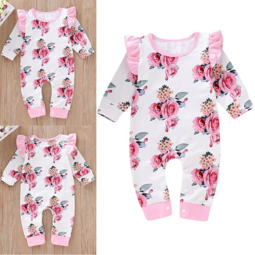 Newborn Baby Girls Long Sleeve Floral Printed Ruffle Jumpsuit Romper Outfits UK