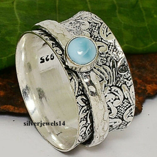 Larimar Stone Solid 925 Sterling Silver Spinner Meditation Ring Handmade kd9257