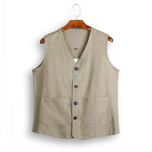 Mens Retro Sleeveless Vest Cotton Linen Button Up Casual Coat Outwear Jacket New