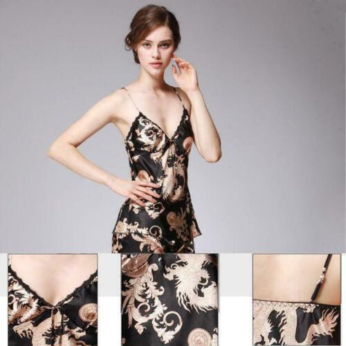 3pcs Womens Pajamas Print Silk Satin Bathrobe Nightdress Set Nightgown Hot size 