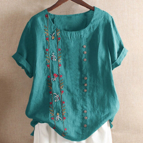 Women Embroidered Cotton Linen T Shirt Tops Loose Short Sleeve Blouse Plus Size 