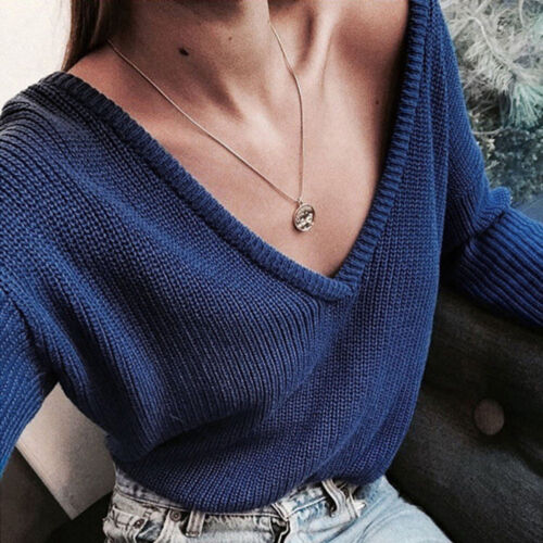 Womens Long Sleeve V Neck Loose Knitted Sweater Ladies Casual Jumper Tops Blouse 
