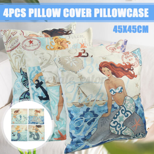 4pcs 45x45cm Pillow Covers Pillowcase Mermaid Sofa Waist Throw Linen Cushion US 