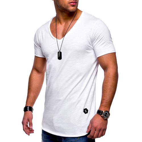 Men T-shirts Deep Neck Short Sleeve Slim Fit Basic Tees Summer T Shirt Tops Tee