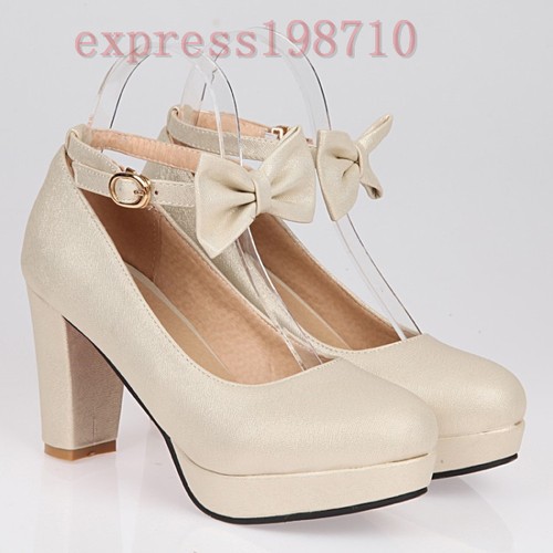 Mary Janes Lolita Womens T-Strap Bow Tie High Heel Shoes Sweet Dress Pumps Size