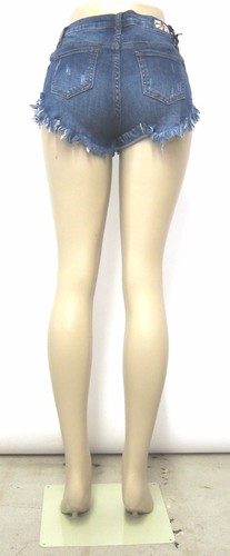 MACHINE JEANS MID WASH DISTRESSED DENIM SHORTS LOW RISE WITH FRAY BOTTOM