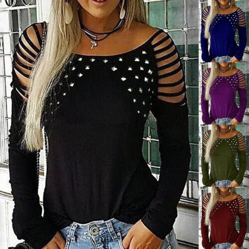 Womens Cold Shoulder Hollow T-shirt Cut Out Long Sleeve Tops Blouse Plus Size