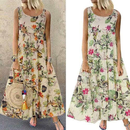 Vintage Womens Sleeveless Boho Floral Baggy Casual Maxi Dress Sundress Plus Size
