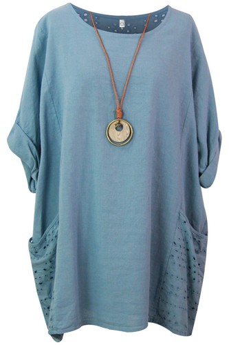 Femmes Italien Plain Top Femmes Lagenlook Coton Baggy Robe deux poches Collier