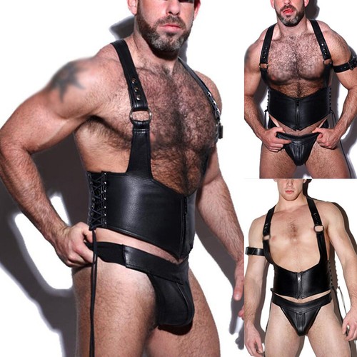 Hommes PU Cuir Bracelet Haut Slip String Jock Strap G-String Renflement Poche