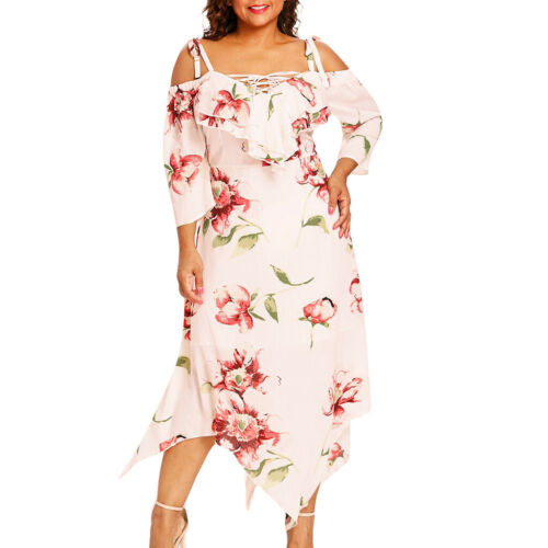 Fashion Women Off Shoulder Plus Size Lace Up Maxi Flowing Floral Print Dress US