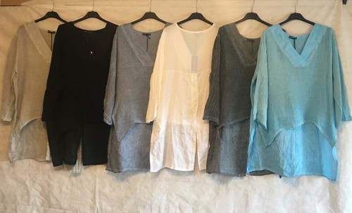New Italian Lagenlook V Neck Cotton Linen Mix Split Back Asymmetrical Tunic Top