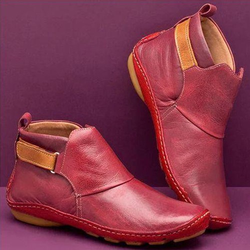 Women/'s Retro Round Toe Faux Leather Ankle Boots Solid Warm Outdoor Flat Shoes