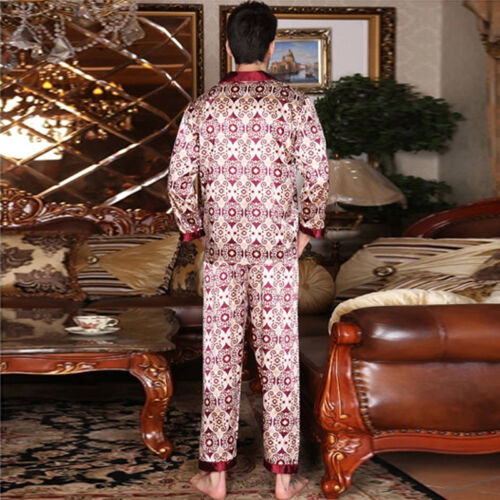 NWT 2PCS Mens Silk Satin Pajamas Sleepwear Pyjamas PJS Long Sleeve M029 M L XL