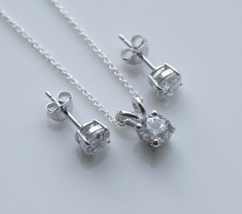 STERLING SILVER 5MM 1.50CT ROUND CUT CZ EARRING AND PENDANT SET + CHAIN