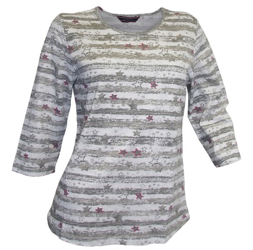 NAVIGAZIONE 3//4 Arm Shirt 40 weiß grau gestreift Sterne Print Baumwolle