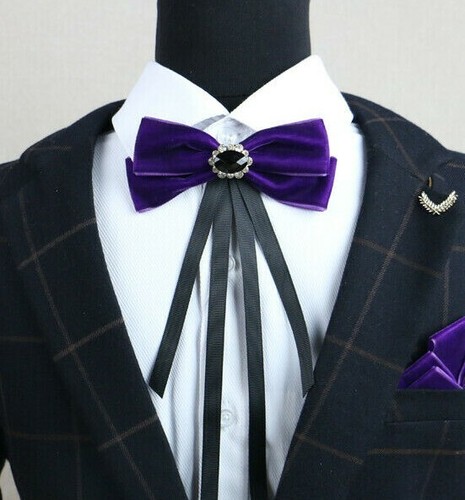 Black Burgundy Grey Velvet Rhinestone Wedding Men Pre Tied Bow Tie Neck Tie