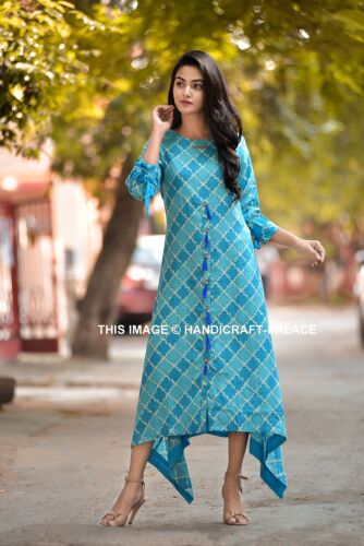 Indian Blue Bollywood Pakistani Rayon Printed Women Kurta Kurti Top Tunic S-2XL 