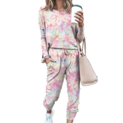 Details about  / Womens Tie Dye Print Pajamas Set Long Sleeve Tops Pants Casual Loungewear Suit,