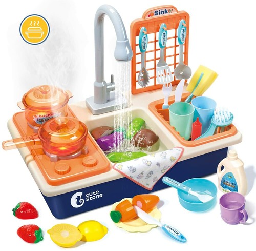 Kids Pretend Play Kitchen Sink Toys with Spray Light /&Sound Play Cooking Stove