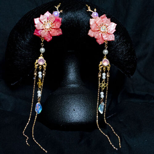 2pcs Retro Flower Pearl Tassel Hairpins Accessory for Kimono Hanfu Party Cosplay