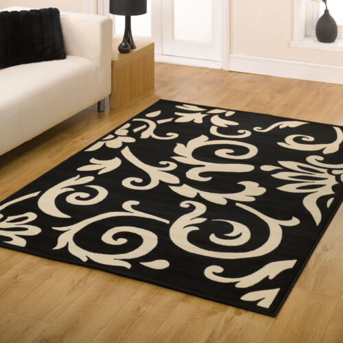 FLORAL SCROLL CARVED SMALL LARGE RUNNER CLEARANCE RETRO FLAIR RUGS BLACK IVORY 