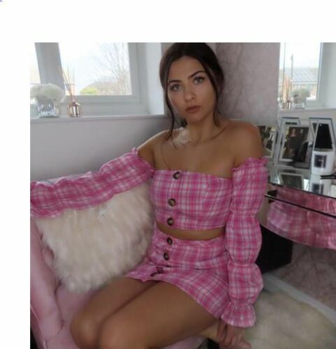 Womens Ladies Pink Check Crop Top Bralet Skirt Two Piece Co Ord Sweatheart Size