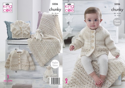 King Cole Baby Chunky Knitting Pattern Raglan Sleeve Cardigans /& Blanket 5326