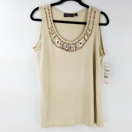 Elementz Womens Sleeveless Shirt Tank Top Floral Beads Beige Size 1X 2X 3X NEW